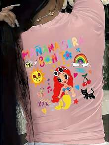 Camiseta estampada 'Manana Sera Bonito', cuello redondo y manga corta para verano y primavera, Ropa de mujer - Negro - Ver 4