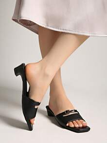French Retro Open Toe Mule Sandals, Summer Slip-On Sandals, Thick Heel High Heels - Black - View 4
