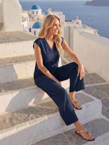 Women's Versatile And Fashionable Solid Color Jumpsuit With Buttons For Vacation - Green - View 6