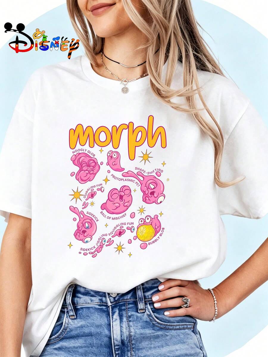 Breathable Cotton Lilo & Stitch Fan Tee | Morph The Shape-Shifting Pet "Morph" Print | Retro Disney Pullover Shirt - White - View 1