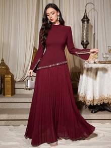 Women's Solid Color Mandarin Collar Asymmetrical Rhinestone Cuff Ruched Dress, Soft Fit & Flare Birthday Party Gown, Non-Stretch Wedding Spring - Burgundy - View 4