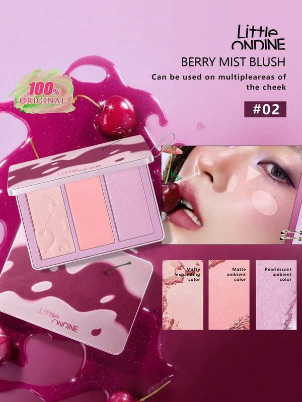 Little Ondine Paleta de Rubor Berry Mist 3 Colores, Textura de Polvo Cremoso Mate, Textura Ligera Sin Grumos, Contiene Iluminador y Tonos Degradados, Puede Crear un Maquillaje Natural Rosado, Control de Grasa de Larga Duración, Minimiza los Poros, Adecuado para Principiantes, 10g/0.35oz
