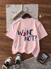 1件女款夏季寬鬆休閒短袖T恤上衣,趣味「Wine Not?」英文葡萄酒愛好者圖案印花粉色上衣 - 粉色 - 查看 5