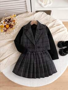 3pcs Young Girl's Casual Fashion School Style Patterned Vest Jacket, Paired With Simple Solid Turtleneck T-Shirt And Chic Plaid Pleated Skirt Set, Suitable For Daily, Outdoor, Commute, School, And Vacation - Black - View 2
