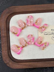 10pcs Y2K Nails Square Press On Nails Set - Handcrafted, Pink Nails, Gold Nails, Pink French Tip Nails, Handmade 3D Pink Flowers Nail Art, Hand Drawn Pink Gradient Nails, Pink Little Flowers And Gold Rhinestone Decoration, Nails Handmade, Sparkling Gold Sea Star And Gold Seashell Decoration, Delicate Graceful Nails - Perfect For Parties & Casual Attire, Perfect Holiday Gift For Women And Girls - Multicolor - View 10