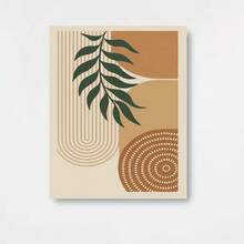 1 pieza de arte moderno abstracto geométrico en lienzo con diseño de hojas tropicales - Marco de madera, paleta de colores beige y marrón, fácil de colgar - Ideal para decoración del hogar, oficina, sala de estar - Colgante de pared inspirado en la naturaleza, decoración de pared - Enmarcado - Ver 1