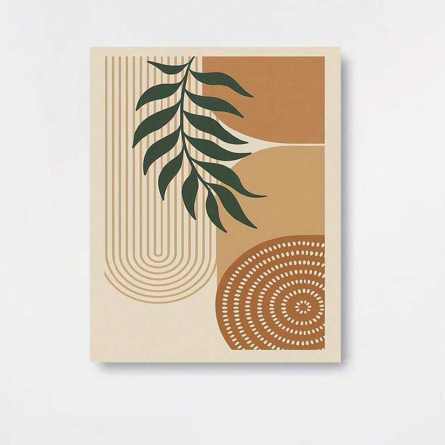 1 pieza de arte moderno abstracto geométrico en lienzo con diseño de hojas tropicales - Marco de madera, paleta de colores beige y marrón, fácil de colgar - Ideal para decoración del hogar, oficina, sala de estar - Colgante de pared inspirado en la naturaleza, decoración de pared - Enmarcado - Ver 1