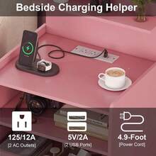 Mesita de Noche LED con Estación de Carga, Mesita de Noche con 2 Cajones y Espacio de Almacenamiento Abierto, Mesa de Noche con Luces LED, Mesa Auxiliar Moderna con Puertos USB y Enchufes - Rosa - Ver 3