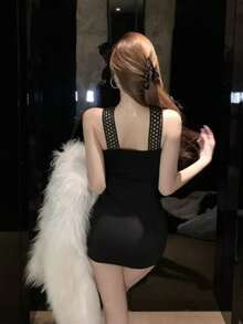 Autumn And Winter New Style Hollow String Inner Dress Women's High-End Light Luxury Sexy Pure Bucket Desire Hot Girl Hip Cover Short Skirt - Black - View 7