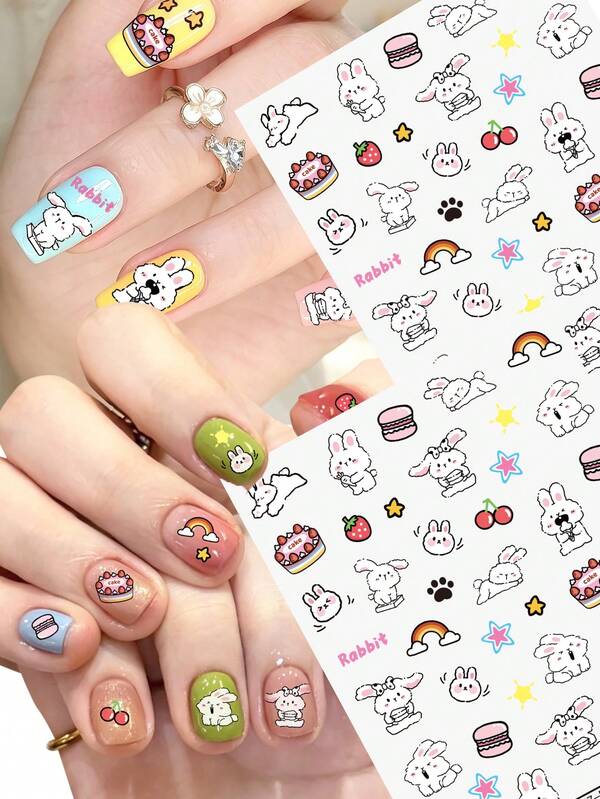 5D Cartoon Animal Graffiti Rabbit&Burger&Rainbow&Cake Nail Art Stikers 8x10cm Cute Rabbit Nail Decal DIY Self-Adhesive Kawaii Rabbit Manicure Slider
