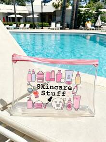 "Skincare Stuff" 字母印花 PVC 化妝包，PVC 旅行收納包附拉鍊，輕量耐褪色女款女孩化妝盥洗包，TSA 認證便攜式化妝盒，易清潔設計化妝包，適合送給母親、老師、朋友、護士、女性朋友的禮物，旅行必備，學校假期，返校用品，盥洗包，防水化妝包 - 彩色 - 查看 3