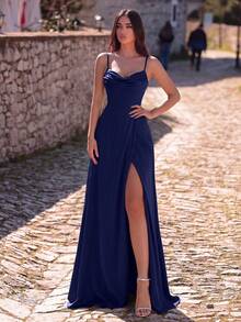 Faeriesty Đầm maxi dệt kim không tay thanh lịch dành cho phù dâu, xẻ tà sau, phù hợp cho các đám cưới và sự kiện mùa xuân/hè. - Màu xanh hải quân - Xem 4