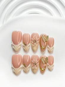 10pcs Luxury Handmade Nail Art Stickers, Including Gold Butterfly, Gold Star, Starburst Pattern And Champagne Round Diamond Decor, Can Be Shaped Into 5-Petal Flower And Water Drop Pattern, Comes With Yellow Nail Polish And Nail Art Tools (1pc Jelly Sticker + 1pc Nail File), Suitable For Square, Short Rectangular And Almond Shaped Nails, Perfect For Parties, Daily Wear, Gatherings, Photoshoots, Spring/Summer Commuting - Multicolor - View 13