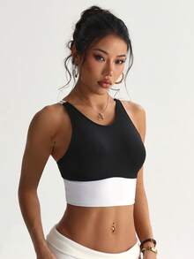 Women's Fashionable Solid Color Removable Padded Criss-Cross Back Round Neck Sports Bra Fall - Black and White - View 5