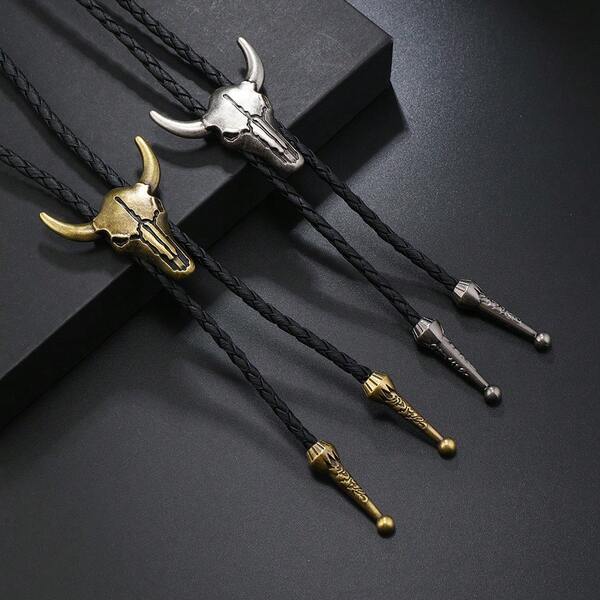 1pc New Arrival European And American Popular Bull Head Bolo Tie, Gold Color Western Cowboy Bolo Tie Necklace