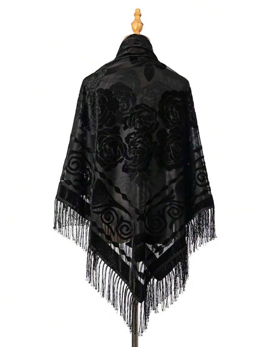 1 chiếc khăn vuông lớn họa tiết hoa hồng cổ điển thanh lịch, chất liệu jacquard mềm mại, thời trang nữ, đa năng, có tua rua, phù hợp cho dã ngoại, kỳ nghỉ, chụp ảnh - phụ kiện không thể thiếu. - màu đen - Xem 1