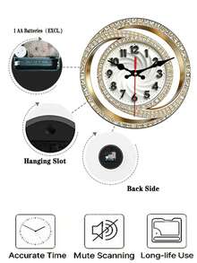 2D平面 1個 創意鑽石主題木製壁鐘，靜音裝飾鐘，創新壁鐘，適合臥室、客廳和辦公室裝飾，尺寸選項 25/30cm (不含電池) - 彩色 - 查看 5