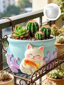 1個可愛貓咪混凝土矽膠模具 樹脂植栽模具 多肉盆栽模具 黏土水泥石膏模具 DIY居家園藝植栽模具 - 小貓浮雕花盆 - 查看 1