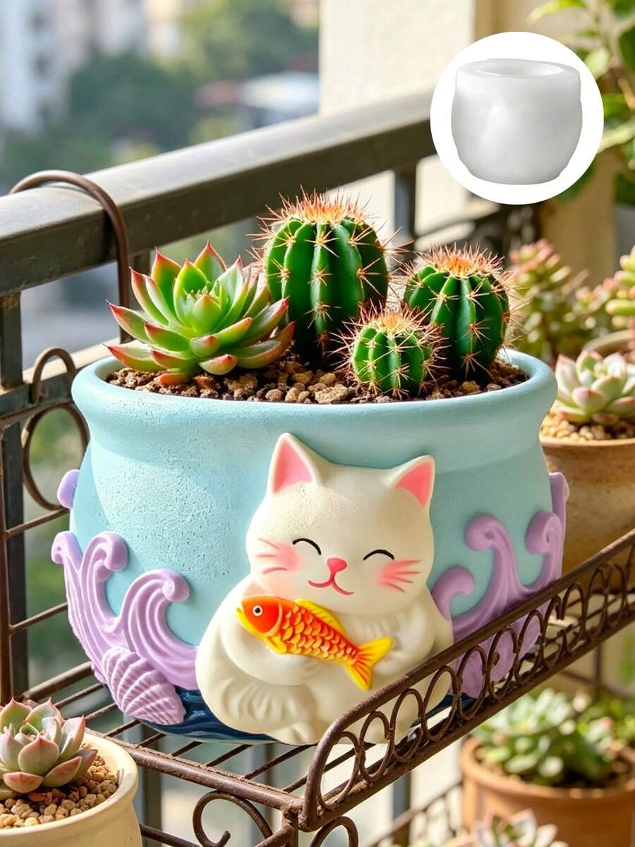 1個可愛貓咪混凝土矽膠模具 樹脂植栽模具 多肉盆栽模具 黏土水泥石膏模具 DIY居家園藝植栽模具 - 小貓浮雕花盆 - 查看 1