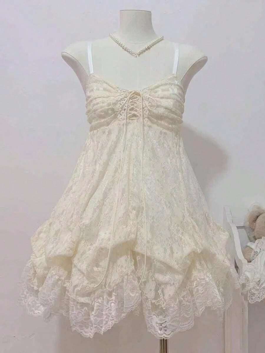 Retro Cute Lolita Dress Women Japanese Sweet Lace Bow Ruffle Cake Dresses Harajuku Y2k Slim Bandage Summer 2026 Kawaii Elegant Party Wear - 12191 米色 - 查看 1