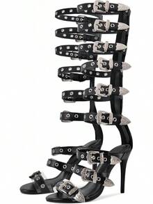 2026 Women Back Zip Knee High Gladiator Sandals, Buckle Belt Strap Wrap Heel Summer Shoes - Black - View 10
