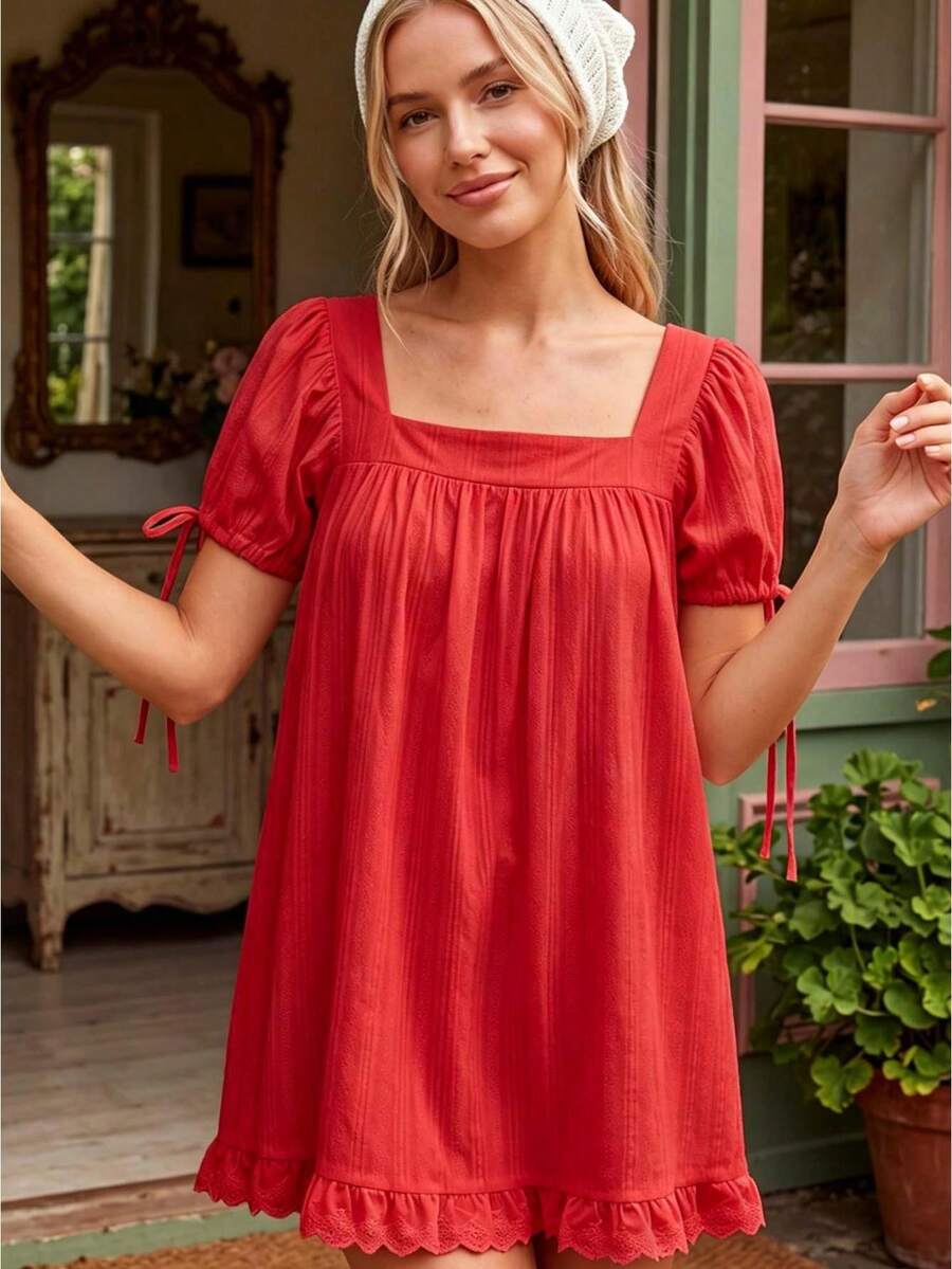 Red Women's A-Line Square Neck Puff Sleeve Babydoll Dress Lace Trim Ruffle Hem Dress Summer Casual Flowy Dress For Beach Vacation - 紅色 - 查看 1