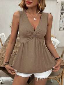 Camiseta sin mangas con cuello en V y retorcido delantero arrugado, para mujer, de verano - Caqui - Ver 3