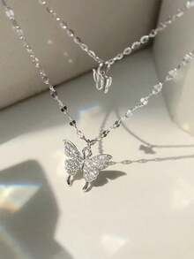 1 Piece Double Layer Butterfly Necklace, Elegant Clavicle Chain, Minimalist Design - 銀 - 查看 3