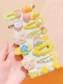 14pcs/Set Pinces à frange mignonnes de dessin animé, combinaison de couleurs fraîches de ton jaune avec des éléments de chat, ours en peluche, fleurs, couleurs vives et douces, convenant pour les chignons, les couettes ou les coiffures décontractées - Pour les femmes et les filles, convenant pour le quotidien, les rendez-vous, l'école, les vacances, la plage, les fêtes, les vacances, les cadeaux, la saison des remises de diplômes, barrettes à cheveux, pinces à cheveux - Multicolore - Voir 2