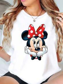 Minnie Mouse Character Print Disney Women T Shirt Round Neck Short Sleeve Casual Daily Wear Summer Holiday Soft Comfortable 220g - trắng - Xem 1