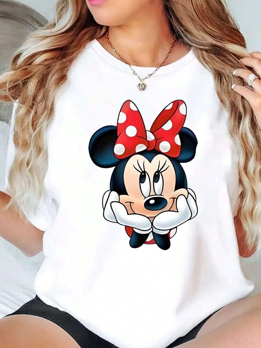 Minnie Mouse Character Print Disney Women T Shirt Round Neck Short Sleeve Casual Daily Wear Summer Holiday Soft Comfortable 220g - trắng - Xem 1