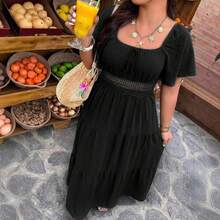 Nuevo Vestido Vintage de Primavera con Cuello Cuadrado Estampado de Talla Grande y Manga Corta - Verde - Ver 5