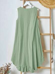 EMERY Vestido de verano casual de talla para mujer, de color verde militar sólido, sin mangas, con volantes en el bajo y parches de encaje en la espalda - verde menta - Ver 7