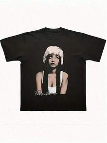 1pc Camiseta Gráfica PinkPantheress para Hombres y Mujeres - Impresión de Retrato del Personaje PinkPantheress, Camiseta Estilo Vintage Y2K, Camisa Casual de Verano de Corte Suelto con Diseño de Artista Musical, Lavable aáquina - Negro - Ver 1