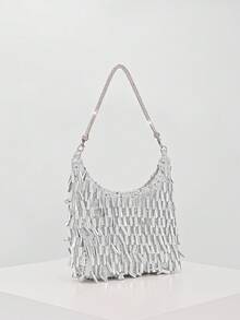 Elegant Shiny Solid Color Pendant Patchwork Handbag, Fashion Retro Chain Shoulder Bag, Mini Clutch Purse, Suitable For Party Girls, Brides, College Students, Career Women, Perfect For Party, Wedding, Matching Accessories, Pattern Randomly Sent - Silver - View 5