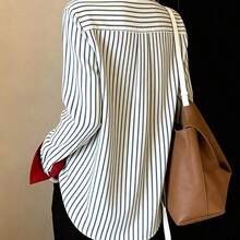 Fashion Women's Clothing Camisa de mujer de manga larga con cuello, con ribete de contraste rojo, bajo asimétrico, camisa polo de rayas verdes y rojas, elegante y casual francesa, para uso diario, primavera - Burdeos - Ver 3