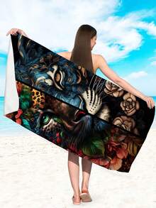 Vintage Tiger & Leopard Floral Pattern Beach Towel, Extra Large Absorbent Quick Dry Beach Wrap, Versatile Shawl For Beach Photography & Sun Protection - A - View 13