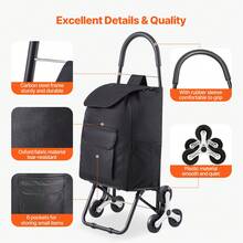 Foldable Shopping Trolley, 450x350x965mm, 6-Wheeled Stair-Climbing Hand Truck, Oxford Fabric Storage Bag, For Shopping, Office, Moving, Transport, Outdoor Use, Laundry, Black - Einkaufsstil Schwarz 110lbs EVA 6 Räder Legierter Stahl - View 6