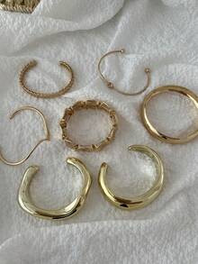 7 piezas Brazaletes abiertos asimétricos con ondas y patrón geométrico vintage, accesorios simples y de moda para mujeres, adecuados para uso casual, fiesta, boda y vacaciones de verano - Estilo 1 - Ver 5