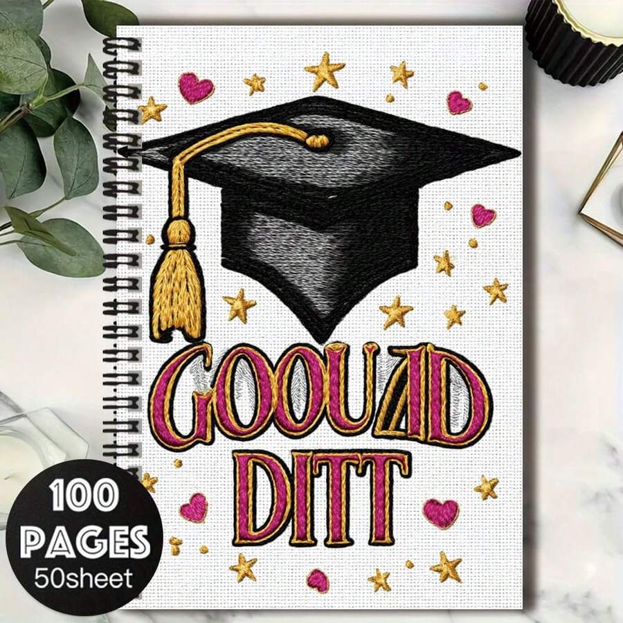 1pc Graduation Season Exclusive Spiral Notebook, Cover Embroidered With Graduation Cap Design, Decorated With Stars And Hearts, "GOOD DIT" Text Prominent And Eye-Catching. 100-Page High Capacity, Suitable For Work Records, Study Notes, Diary Writing, And Also A Thoughtful Gift Choice For Graduation Or Birthday. - C - View 1