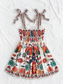 Vestido de verano corto y lindo de línea A con cintura recogida, lazo y bordado de margaritas para mujeres en vacaciones - Multicolor 2 - Ver 6