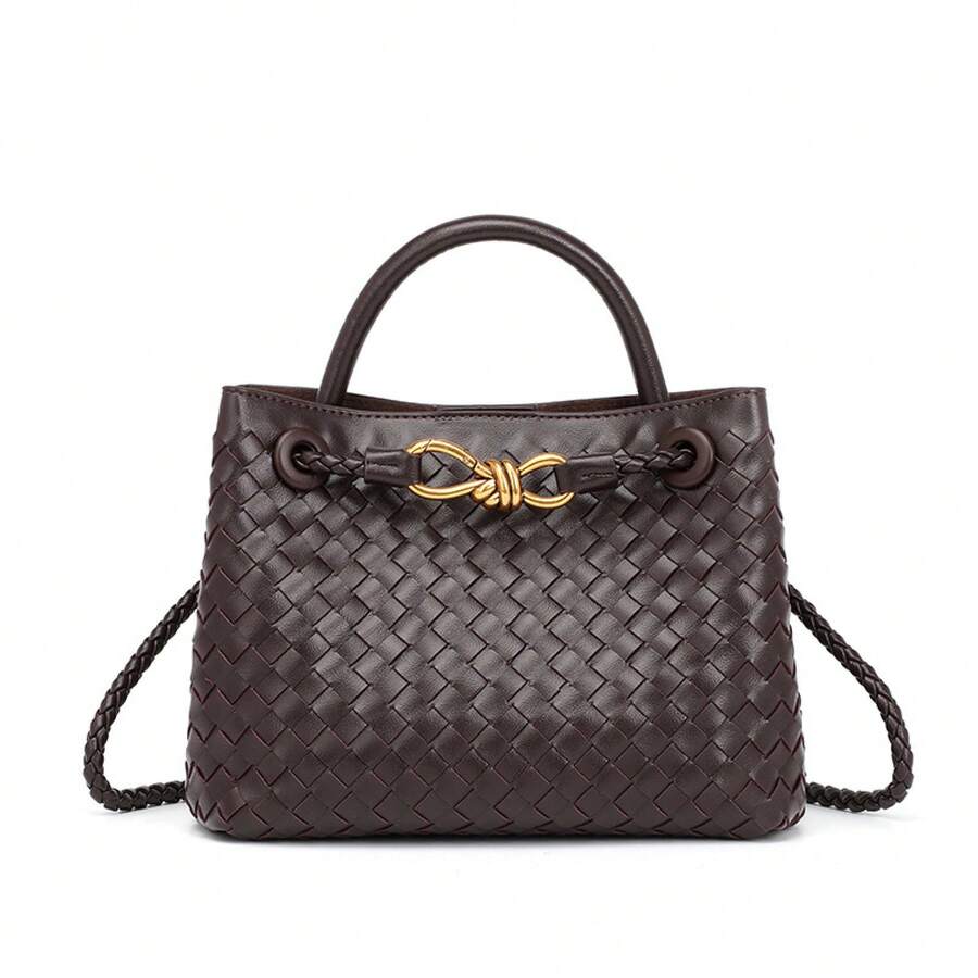 Bolso de mano de cuero genuino tejido a mano para mujer BV Bottega Bang Bang de Andiamo Clutch Campana, nuevo bolso tote con hebilla de cordón metálico tejido, bolso de mano, bolso de hombro, bolso cruzado, bolso de gran capacidad para uso diario, bolso de mano. - Palmera de nuez oscura - Ver 1