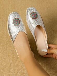 نعال نسائية مسطحة بتصميم ماندالا عتيق وطبعة ريترو، مغلقة الأصابع، ذهبية اللون بملمس متصدع، أصابع مربعة، مول بوهيمي، صنادل خارجية مسطحة للنساء - الذهبي - مشاهدة 11