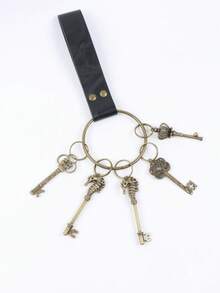 1pc Black Faux Leather Belt Key Holder With Rivets, Comes With 5 Bronze Skeleton Keys, Medieval Renaissance LARP Keychain, Costume Prop - A - View 5