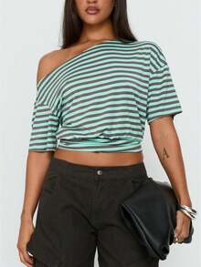 Women's Off-Shoulder Tops  Fitted Waist Ruched Short Sleeve Shirts For Going Out Tops Streetwear - Blue - View 1