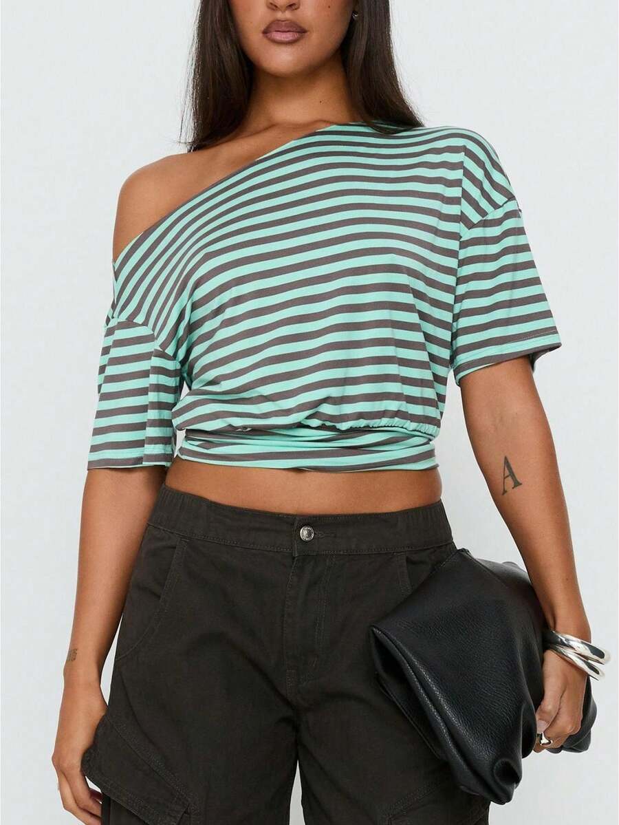 Women's Off-Shoulder Tops Fitted Waist Ruched Short Sleeve Shirts For Going Out Tops Streetwear - Blue - View 1