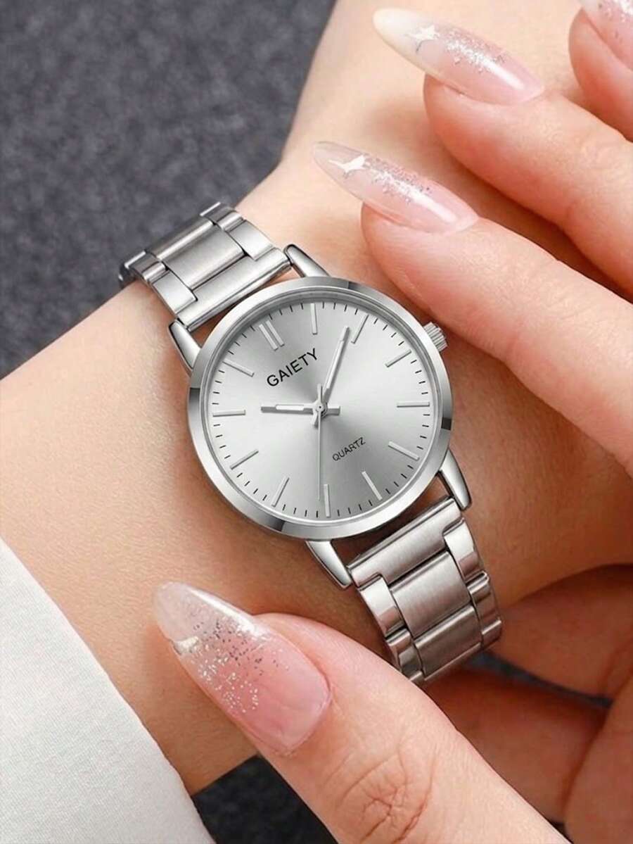 1件女款時尚優雅極簡條形刻度銀色錶盤石英手錶,適合日常配戴、派對裝飾,情人節、母親節及各種節日送給伴侶與母親的禮物 - 銀色 - 查看 1