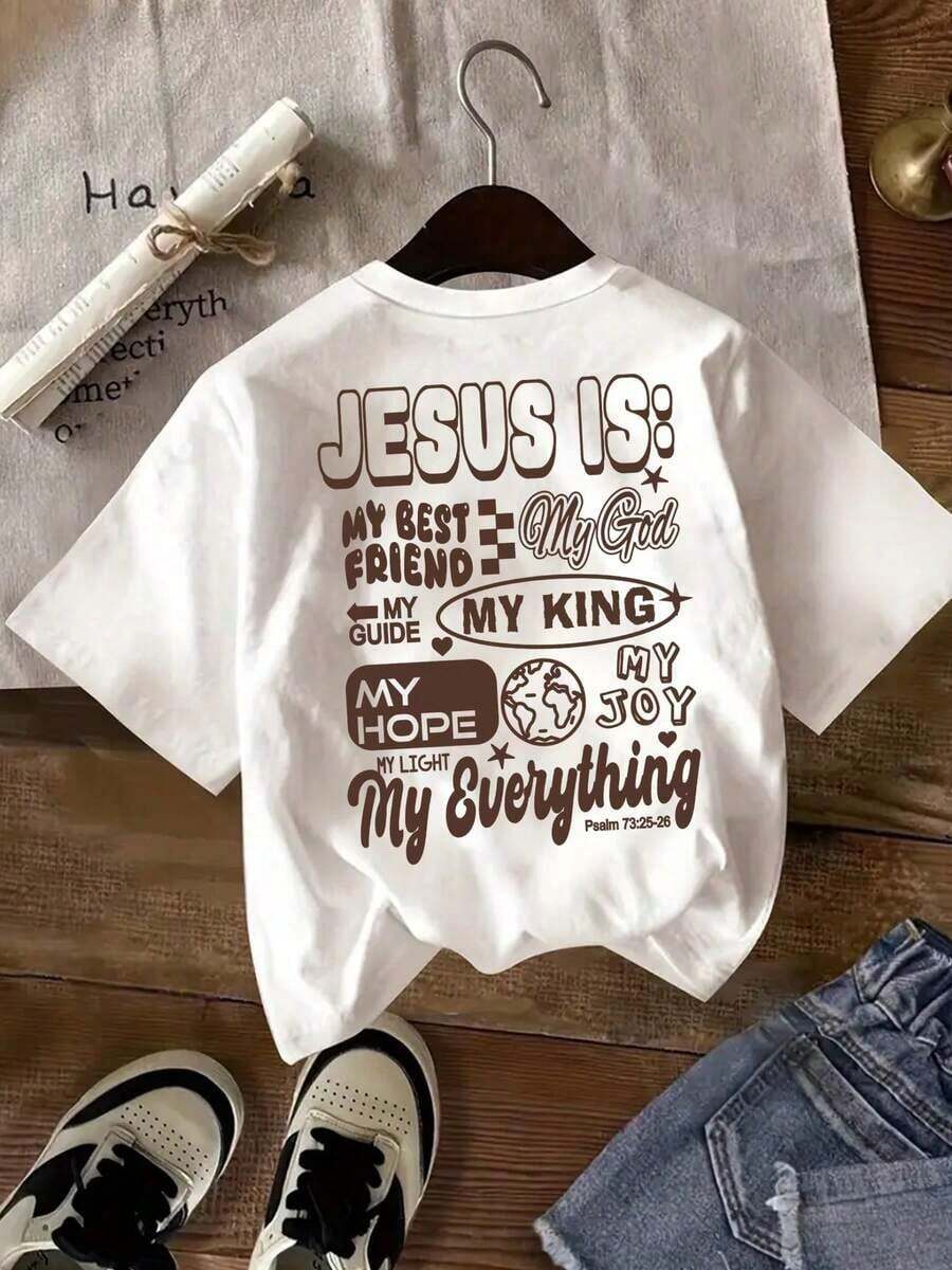 Sommer T-Shirt, Kinder T-Shirt mit kurzen Ärmeln und rundem Ausschnitt | Inspirierendes religiöses Design, bedruckt mit dem Text "JESUS IS MY BEST FRIEND/MY GOD/MY KING", das warme und positive Energie ausstrahlt. Hergestellt aus sorgfältig ausgewählten, weichen und hautfreundlichen Stoffen, bequem und einfach jeden Tag zu tragen, eine preiswerte Wahl. Baumwoll T-Shirt, Damen Sommer T-Shirts - Weiss - Übersicht 1