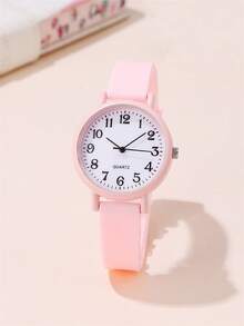Set de 2 relojes de cuarzo con correa de silicona y esfera numérica minimalista + pulsera, reloj de moda para estudiantes - Rosa - Ver 3