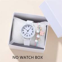 2pcs/Set Minimalist Numeric Dial Quartz Silicone Strap Watch + Bracelet, Fashion Student Watch - White - View 7
